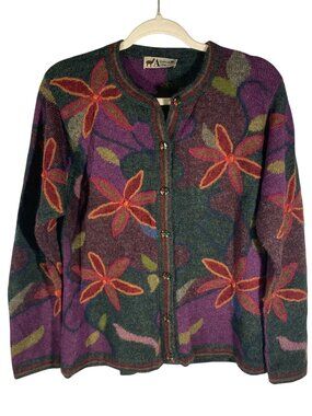 Floral Alpaca Wool Button-Up Cardigan Sweater Alpacas Arte Multicolor Womens S/M